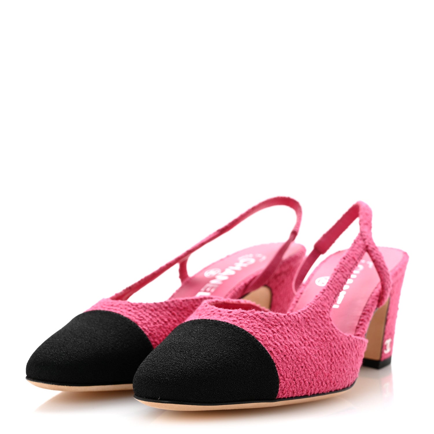 Chanel Tweed Grosgrain Cap Toe CC Slingback Pumps 37 Pink Black 4 of 12