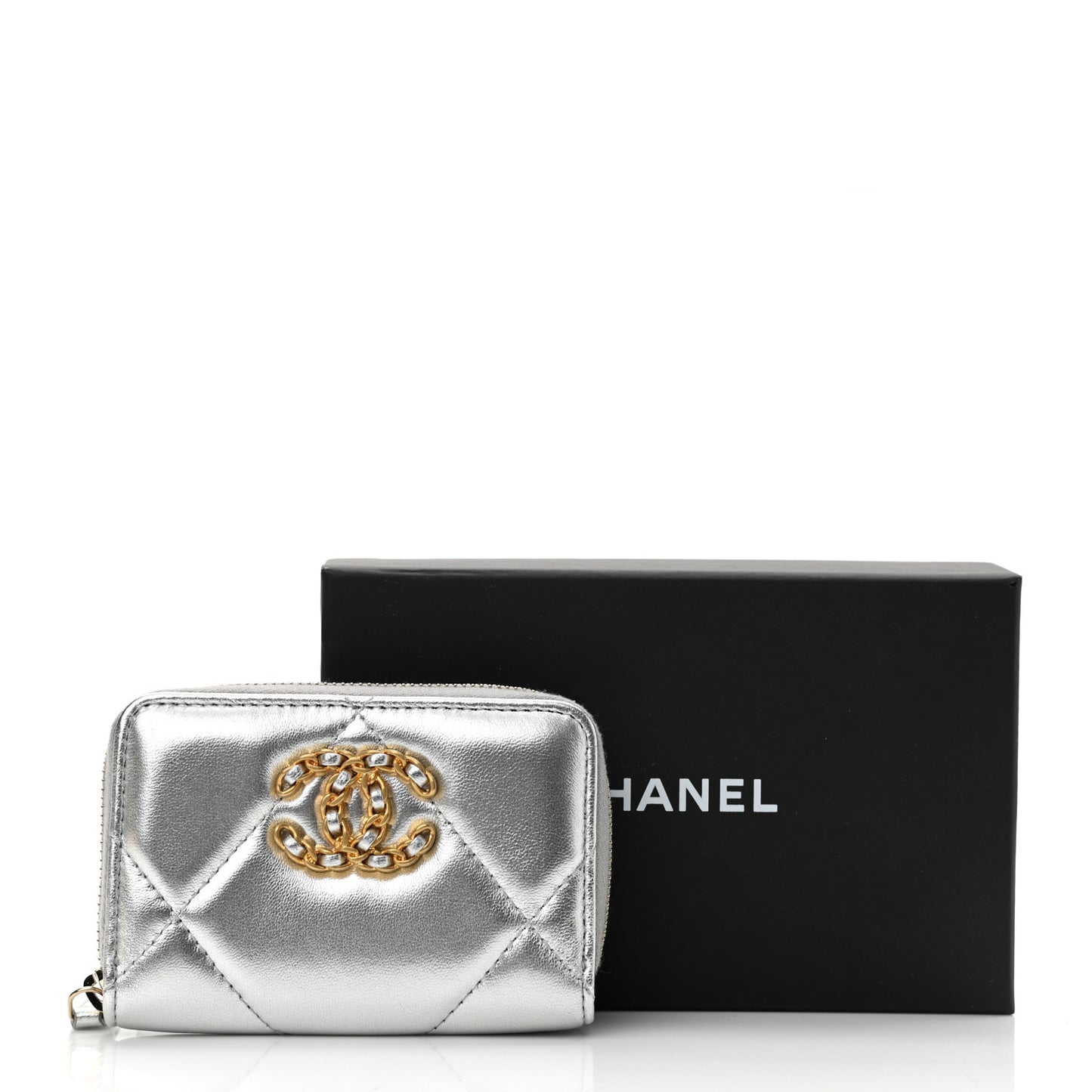 Metallic Lambskin Quilted Chanel 19 Zip Around Coin Purse Wallet Silver