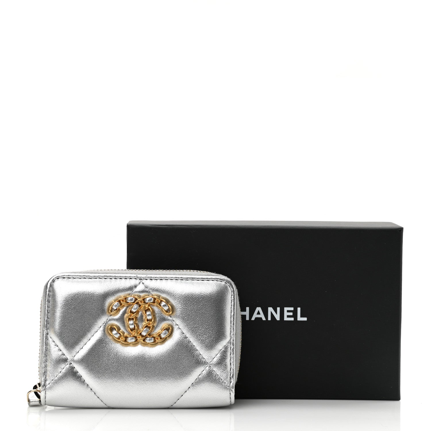 Chanel Metallic Lambskin Quilted Chanel 19 Zip Around Coin Purse Wallet Silver 8 of 8