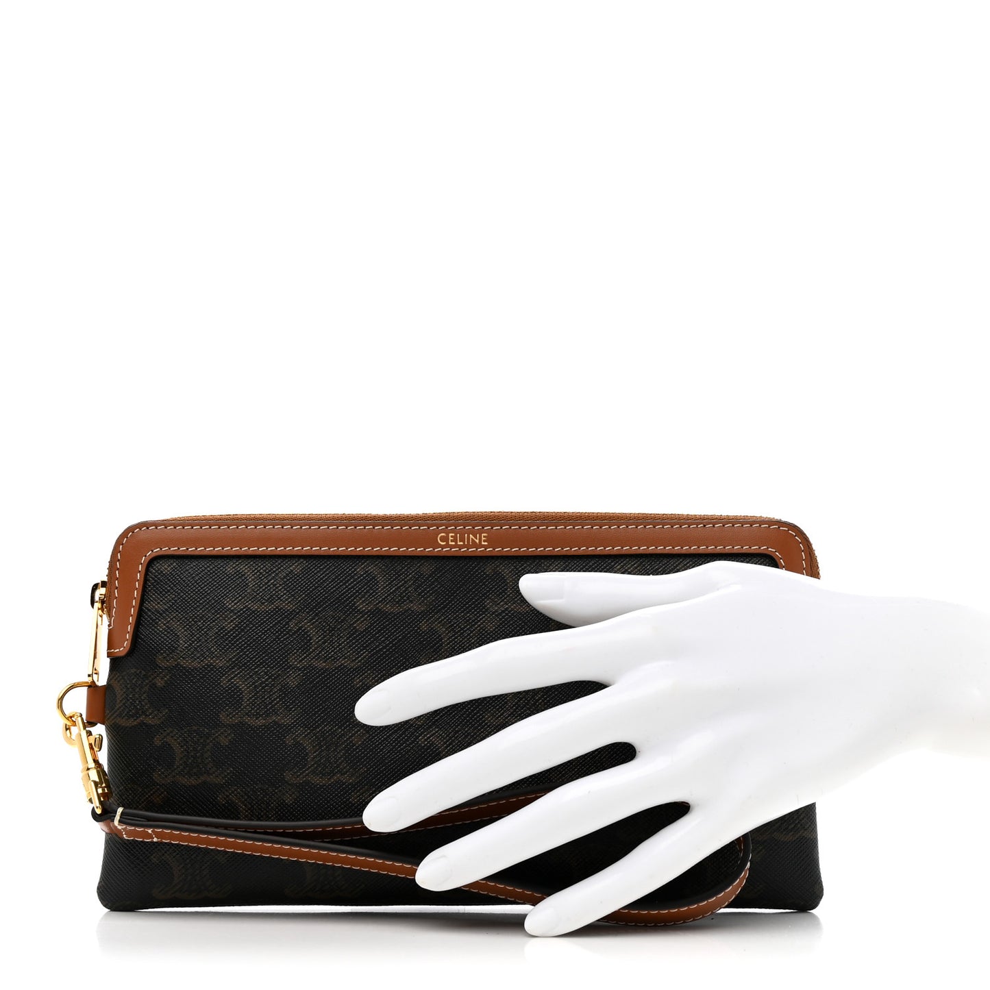 Triomphe Calfskin Long Pouch With Strap Tan