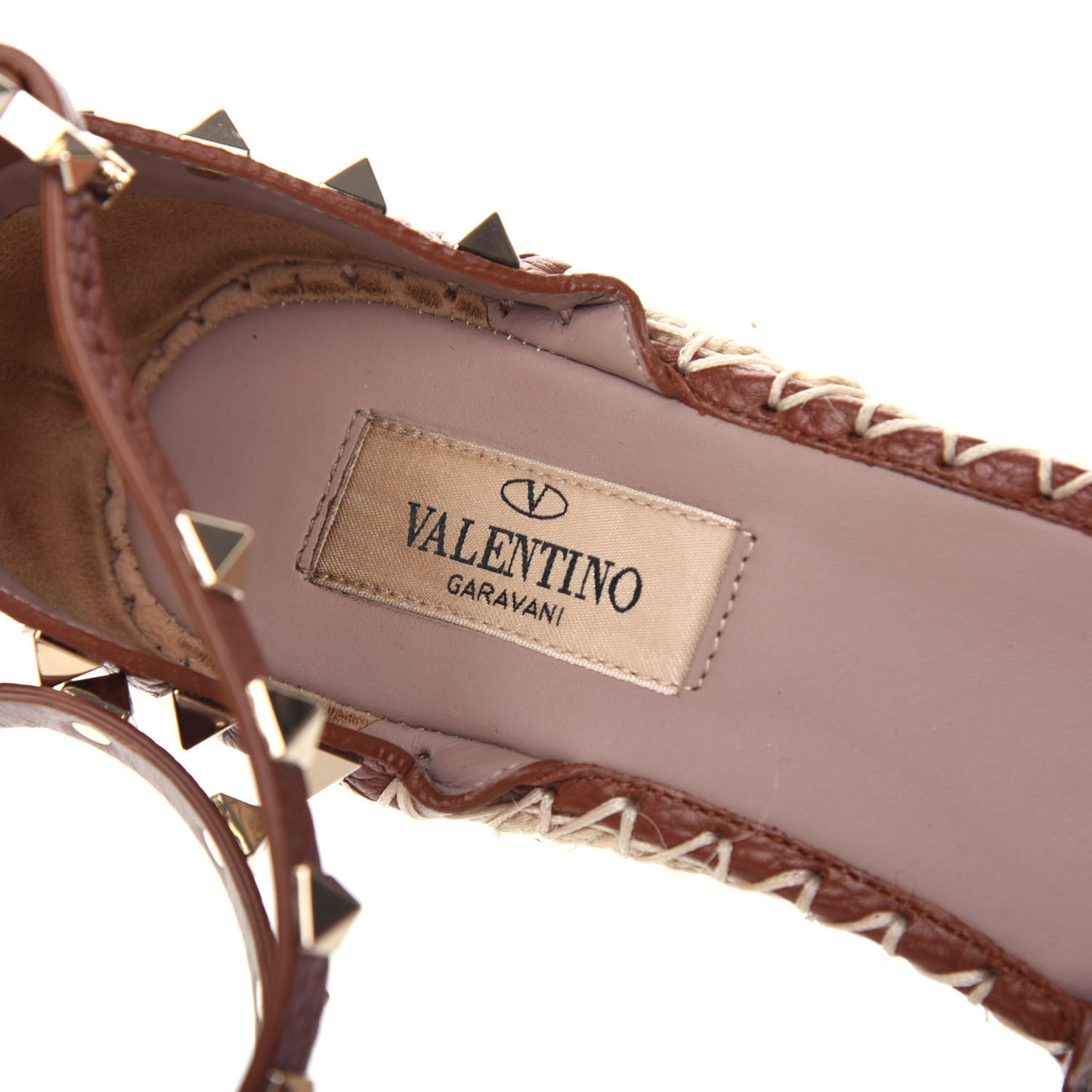 Grained Calfskin Rockstud Ankle Wrap Espadrille 15/85mm Wedges 37 Cuoio