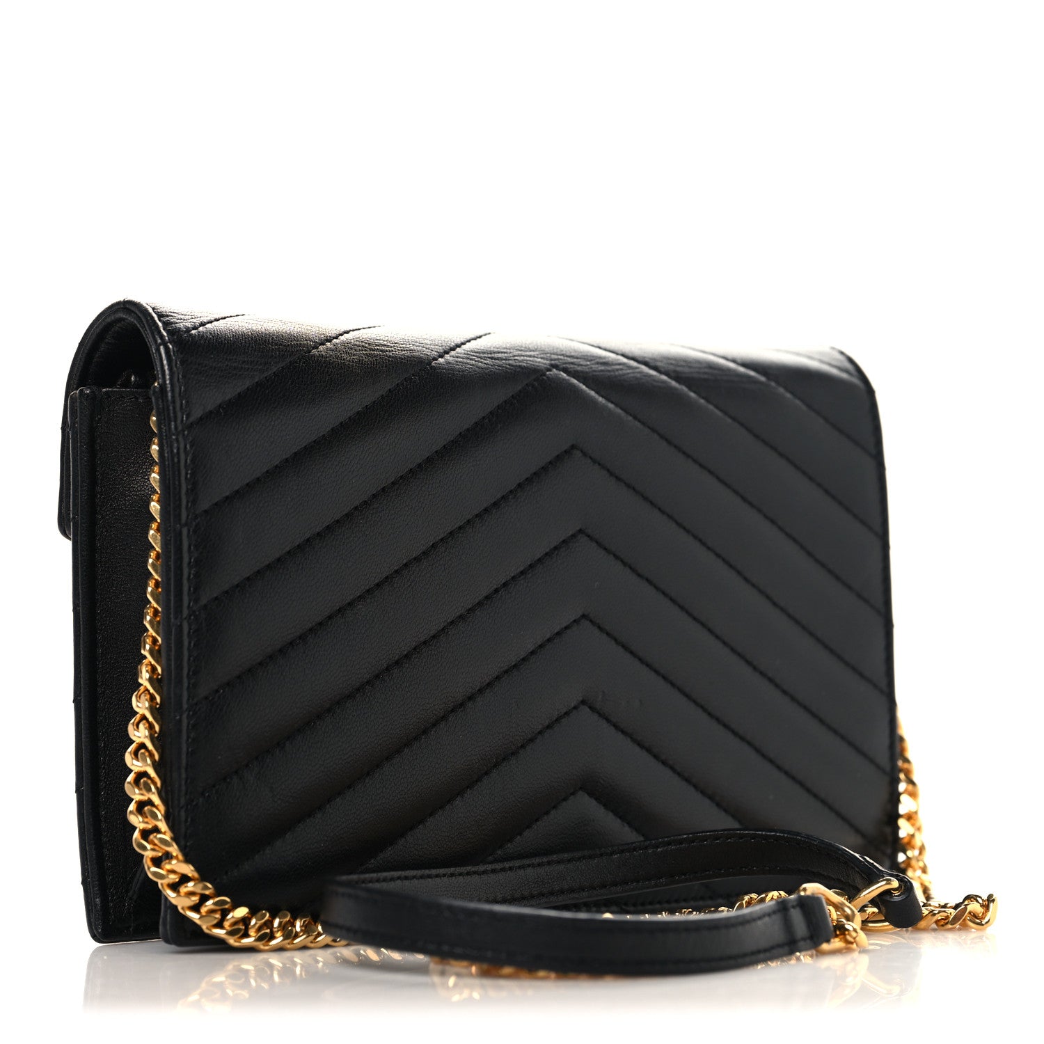 Saint Laurent Calfskin Matelasse Chevron Monogram Envelope Chain Wallet Black 2 of 9