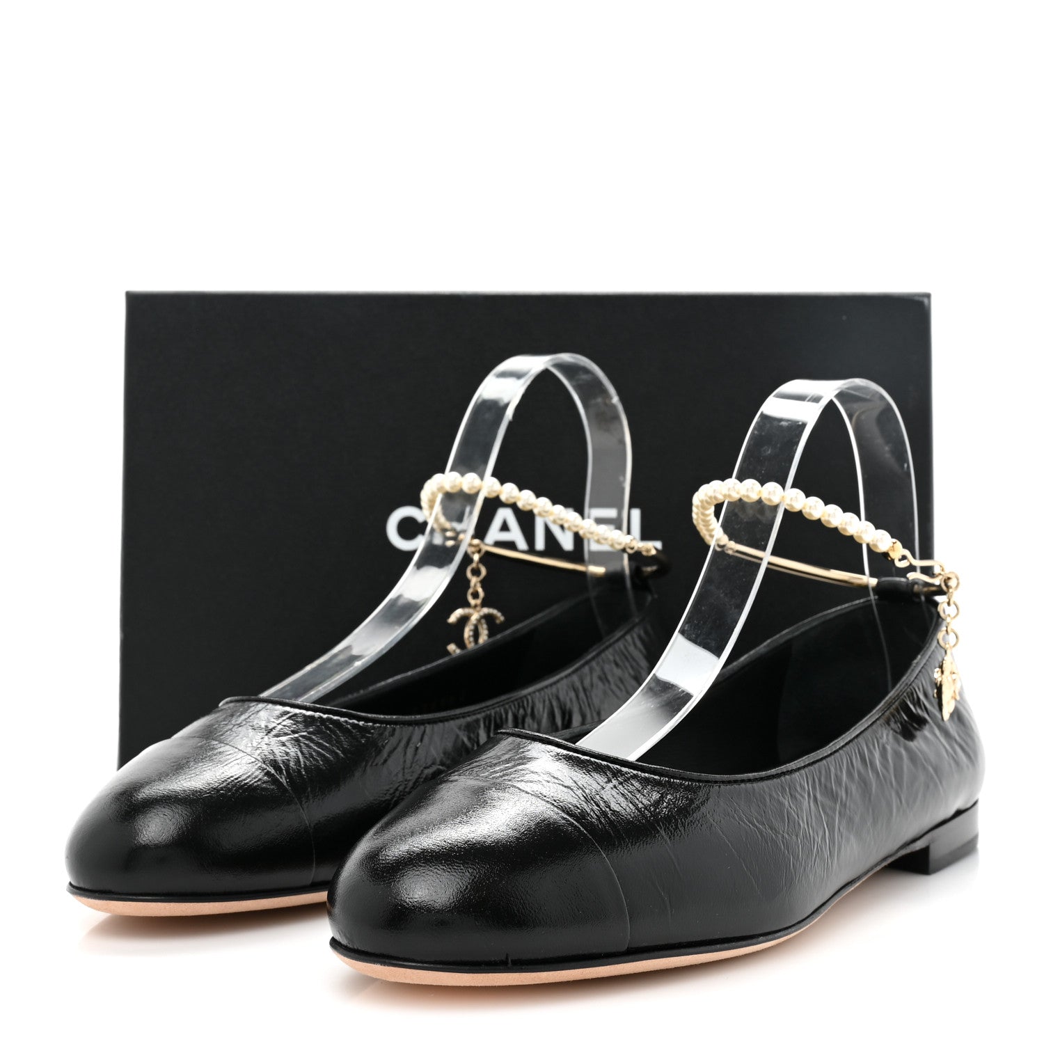 Chanel Lambskin Patent Calfskin Cap Toe Ankle Chain Ballerina Flats 39 Black 9 of 9