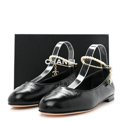 Chanel Lambskin Patent Calfskin Cap Toe Ankle Chain Ballerina Flats 39 Black 9 of 9
