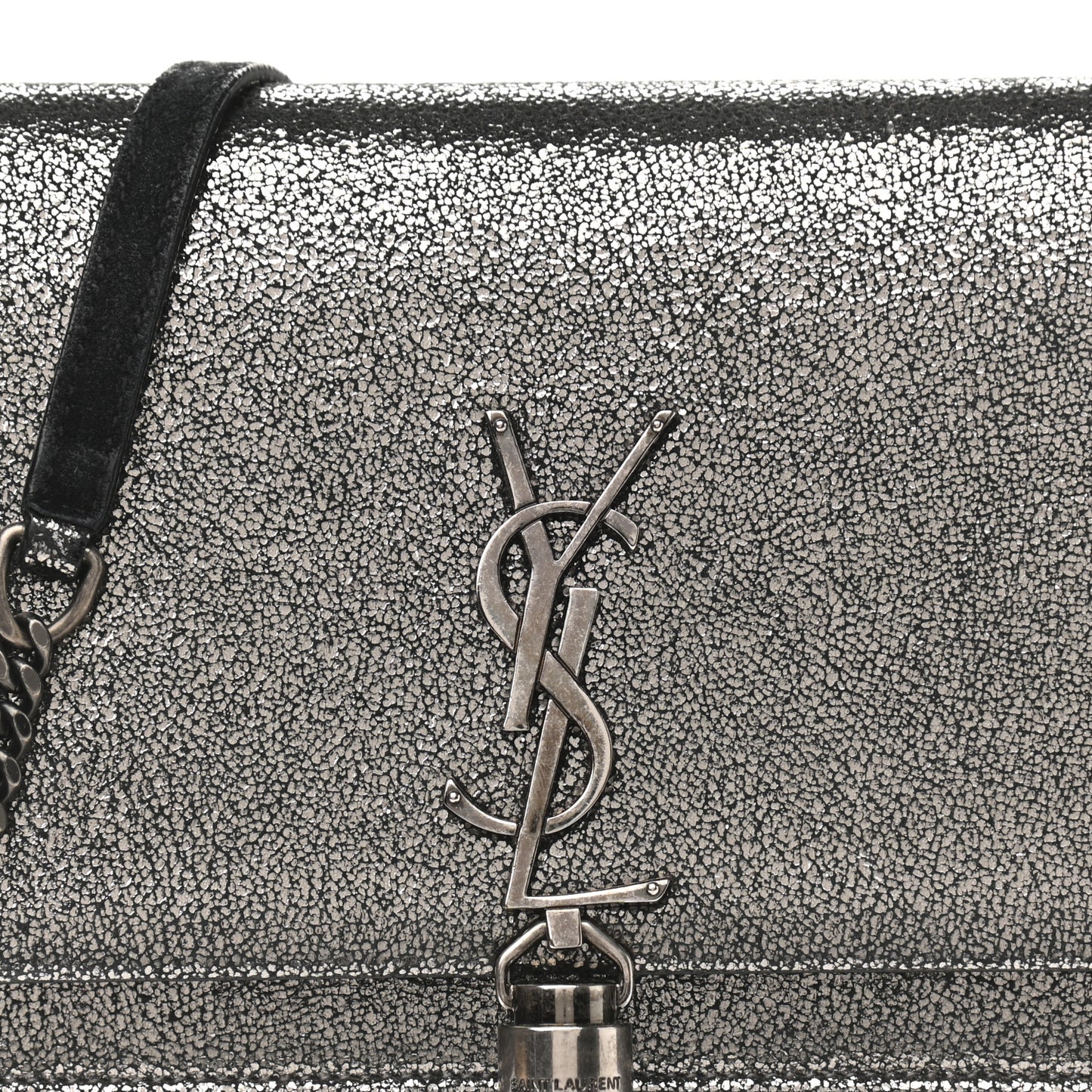 Metallic Calfskin Classic Monogram Kate Tassel Chain Wallet Gun Metal