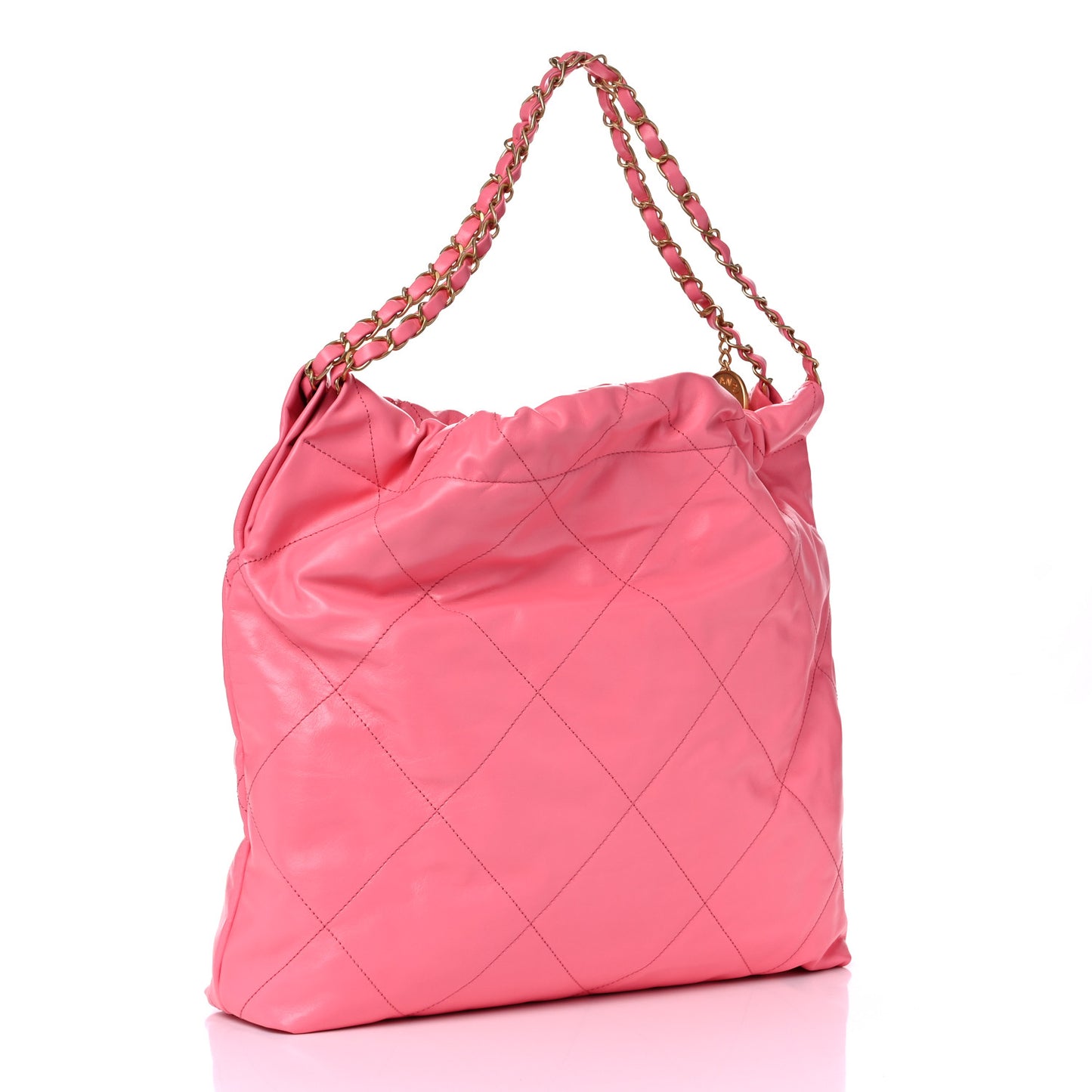 Shiny Calfskin Quilted Chanel 22 Drawstring Bag Coral Pink