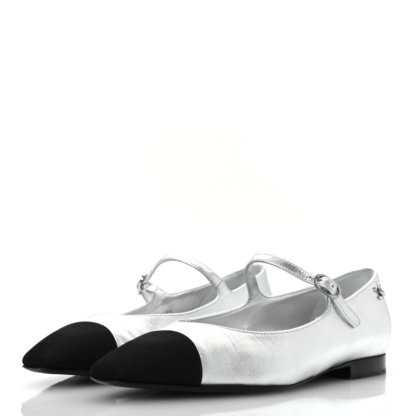 Laminated Calfskin Grosgrain Mary Janes Flats 36.5 Silver Black