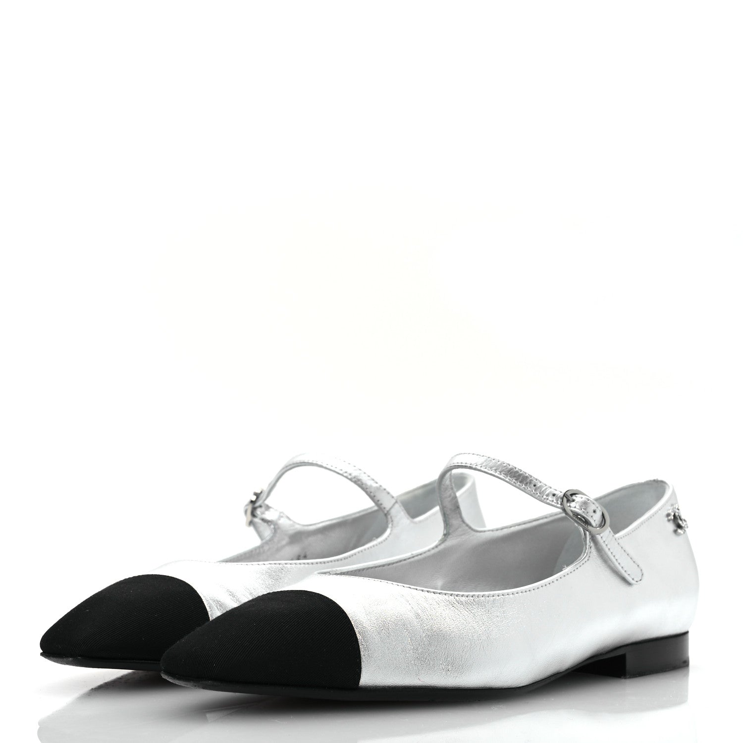 Chanel Laminated Calfskin Grosgrain Mary Janes Flats 36.5 Silver Black 4 of 11