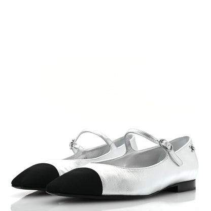 Chanel Laminated Calfskin Grosgrain Mary Janes Flats 36.5 Silver Black 4 of 11