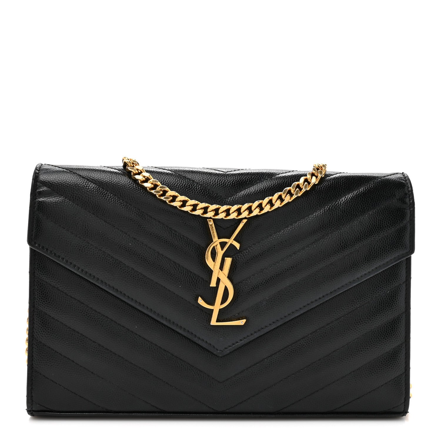 Saint Laurent Grain De Poudre Matelasse Chevron Monogram Chain Wallet Black 1 of 15