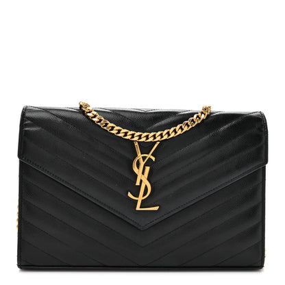 Saint Laurent Grain De Poudre Matelasse Chevron Monogram Chain Wallet Black 1 of 15