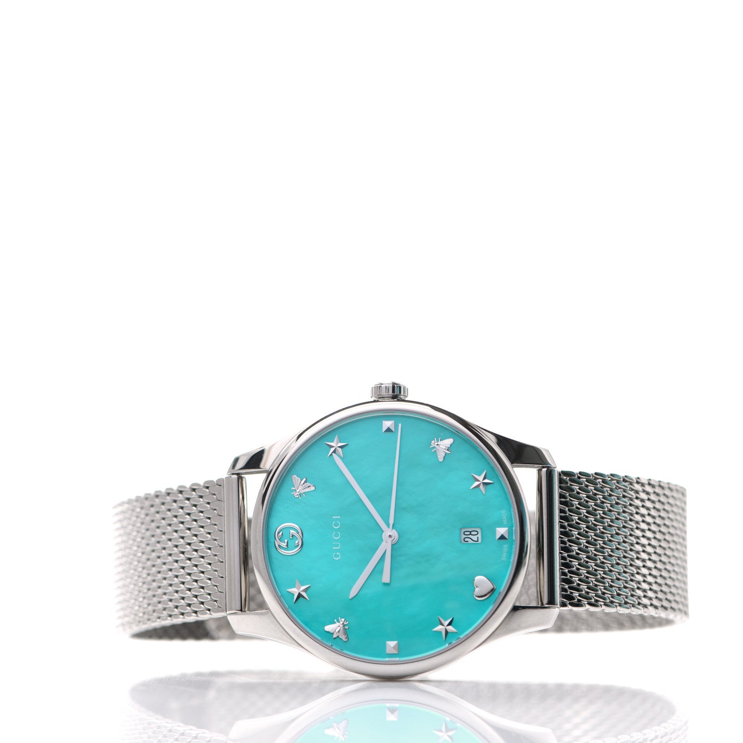 Gucci Stainless Steel Turquoise Mother of Pearl 29mm G-Timeless Charm Quartz Watch 2 of 5