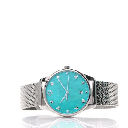 Gucci Stainless Steel Turquoise Mother of Pearl 29mm G-Timeless Charm Quartz Watch 2 of 5