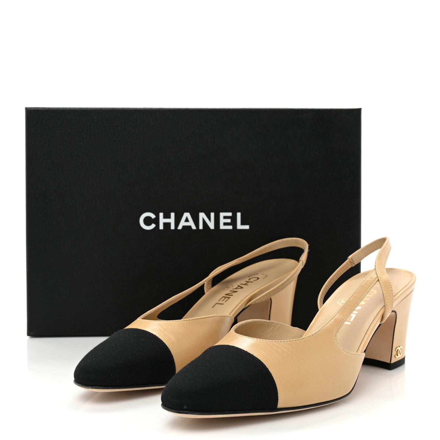 Goatskin Grosgrain Cap Toe CC Slingback Pumps 38 Beige Black
