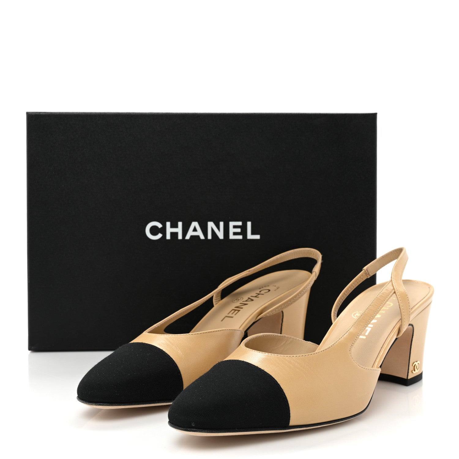 Chanel Goatskin Grosgrain Cap Toe CC Slingback Pumps 38 Beige Black 10 of 10