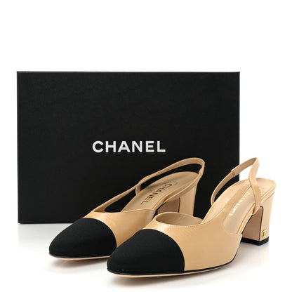 Chanel Goatskin Grosgrain Cap Toe CC Slingback Pumps 38 Beige Black 10 of 10