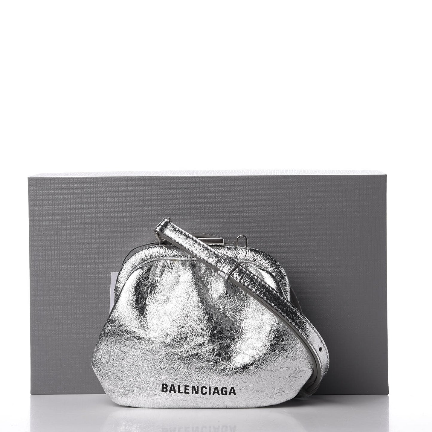 Metallic Textured Calfskin Logo Cloud Coin Purse With Strap Silver