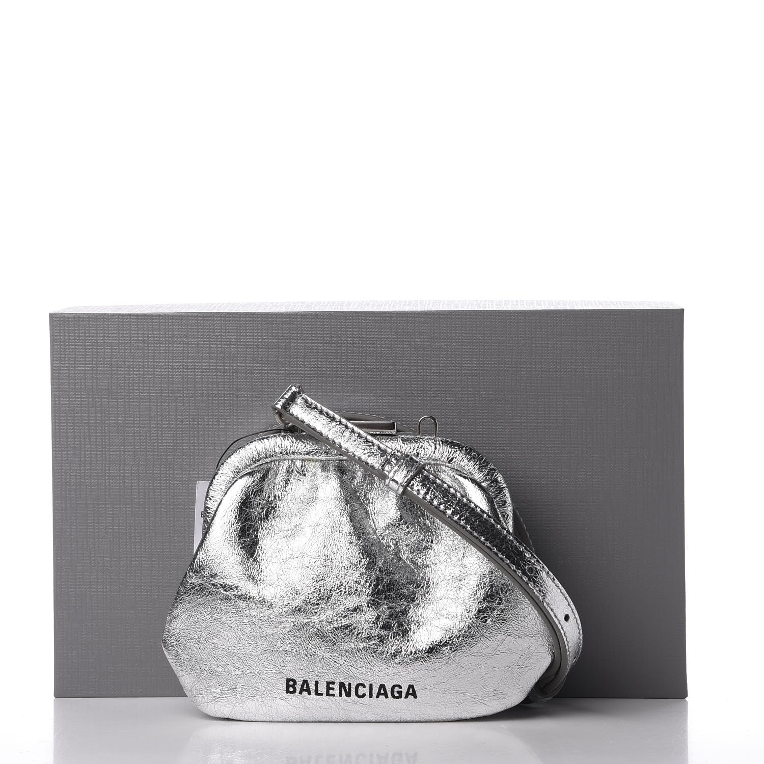 Balenciaga Metallic Textured Calfskin Logo Cloud Coin Purse With Strap Silver 10 of 10