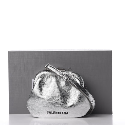 Balenciaga Metallic Textured Calfskin Logo Cloud Coin Purse With Strap Silver 10 of 10