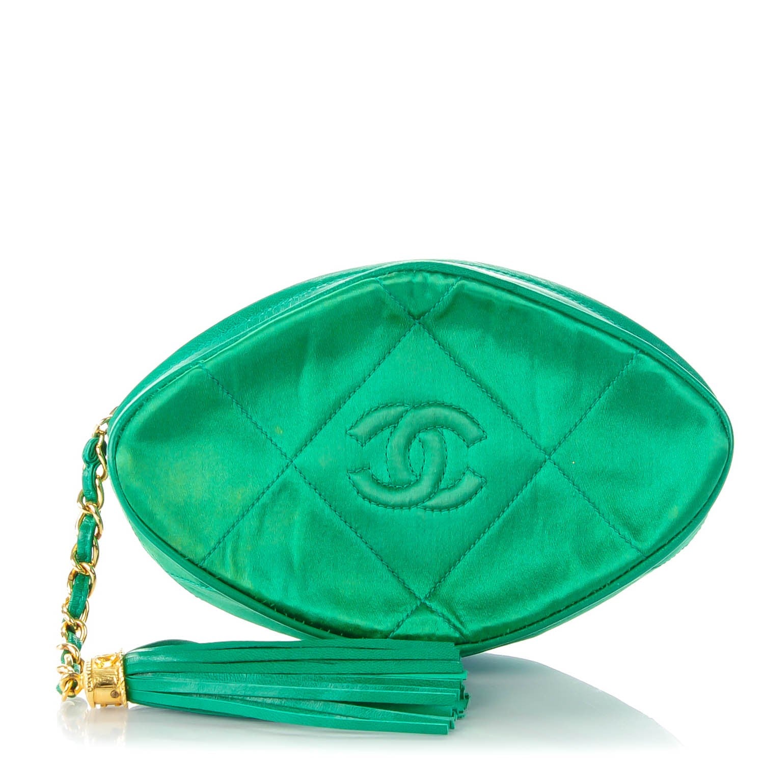 Chanel Satin Quilted CC Tassel Clutch Green 1 of 8