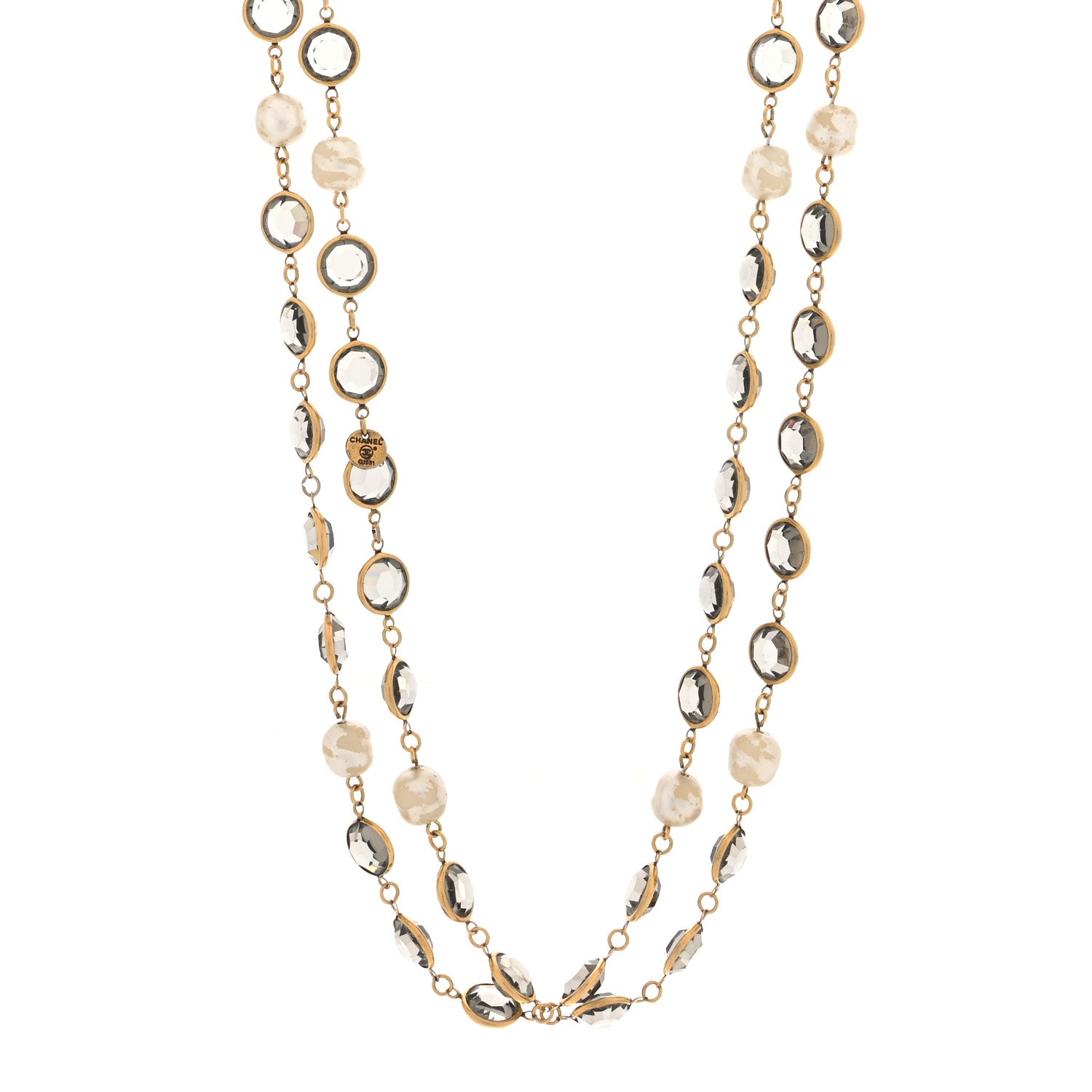 Chanel Swarovski Crystal Pearl Chicklet Sautoir Necklace Gold 1 of 5