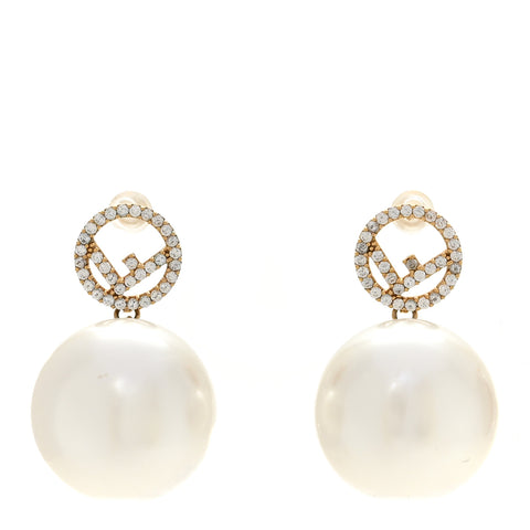 Metal Crystal Pearl Logo Drop Earrings Gold