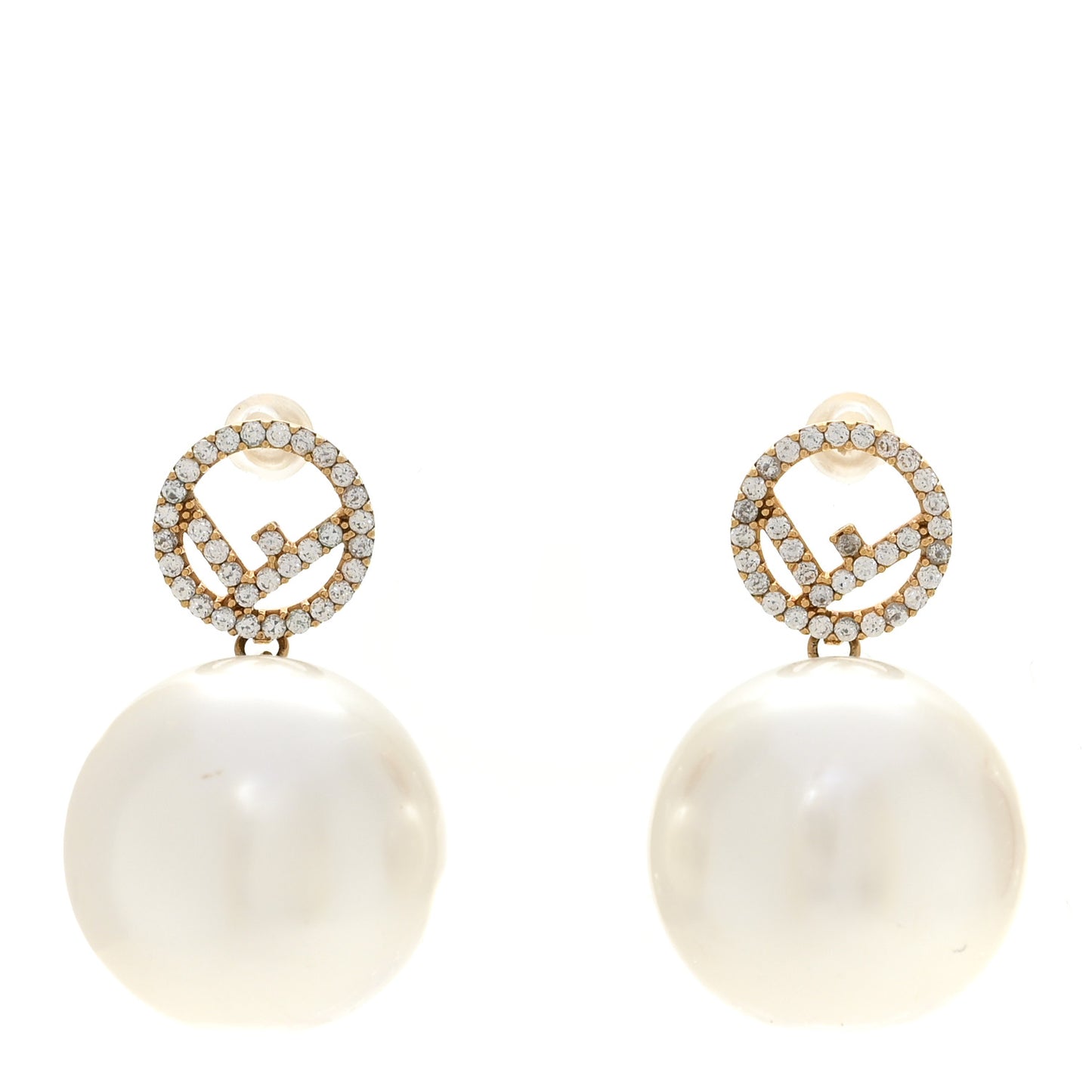 Metal Crystal Pearl Logo Drop Earrings Gold