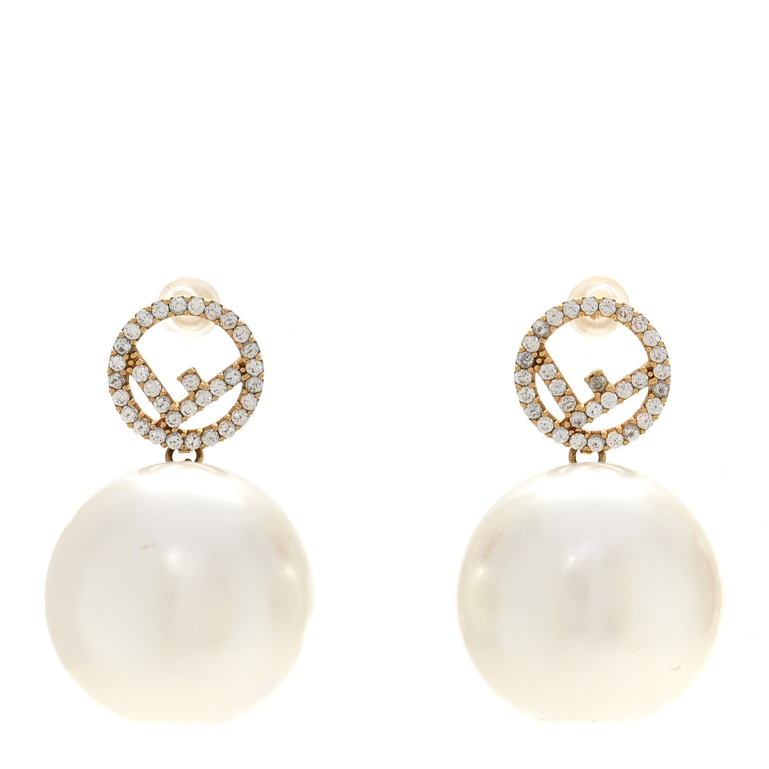 Fendi Metal Crystal Pearl Logo Drop Earrings Gold 1 of 7