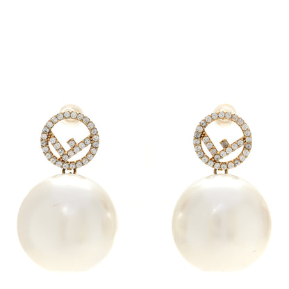 Fendi Metal Crystal Pearl Logo Drop Earrings Gold 1 of 7