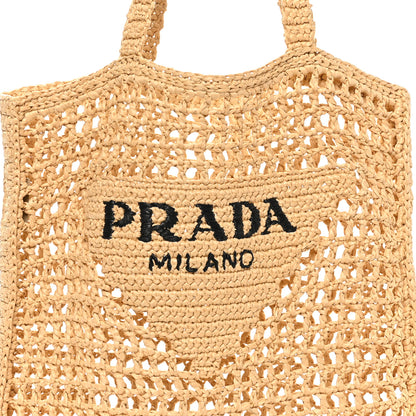 Prada Yarn Raffia Effect Crochet Logo Embroidered Tote Bag Naturale 7 of 9