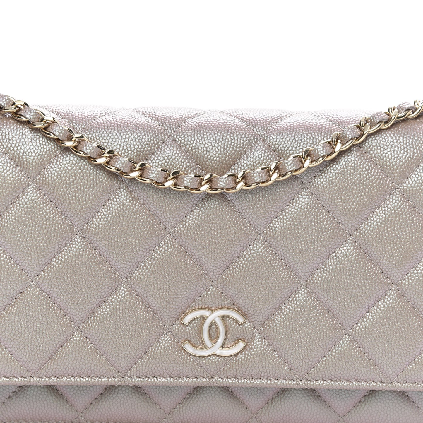 Iridescent Caviar Quilted Wallet On Chain WOC Beige