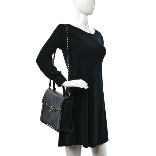 Grained Calfskin Rockstud Top Handle Flap Shoulder Bag Black