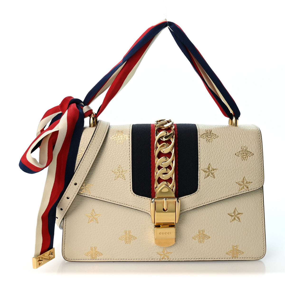 Gucci Textured Calfskin Bee Star Print Small Sylvie Shoulder Bag Mystic White 1 of 11