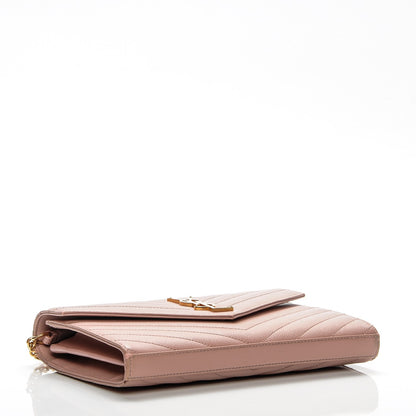 Saint Laurent Grain De Poudre Matelasse Chevron Monogram Chain Wallet Pale Pink 4 of 15