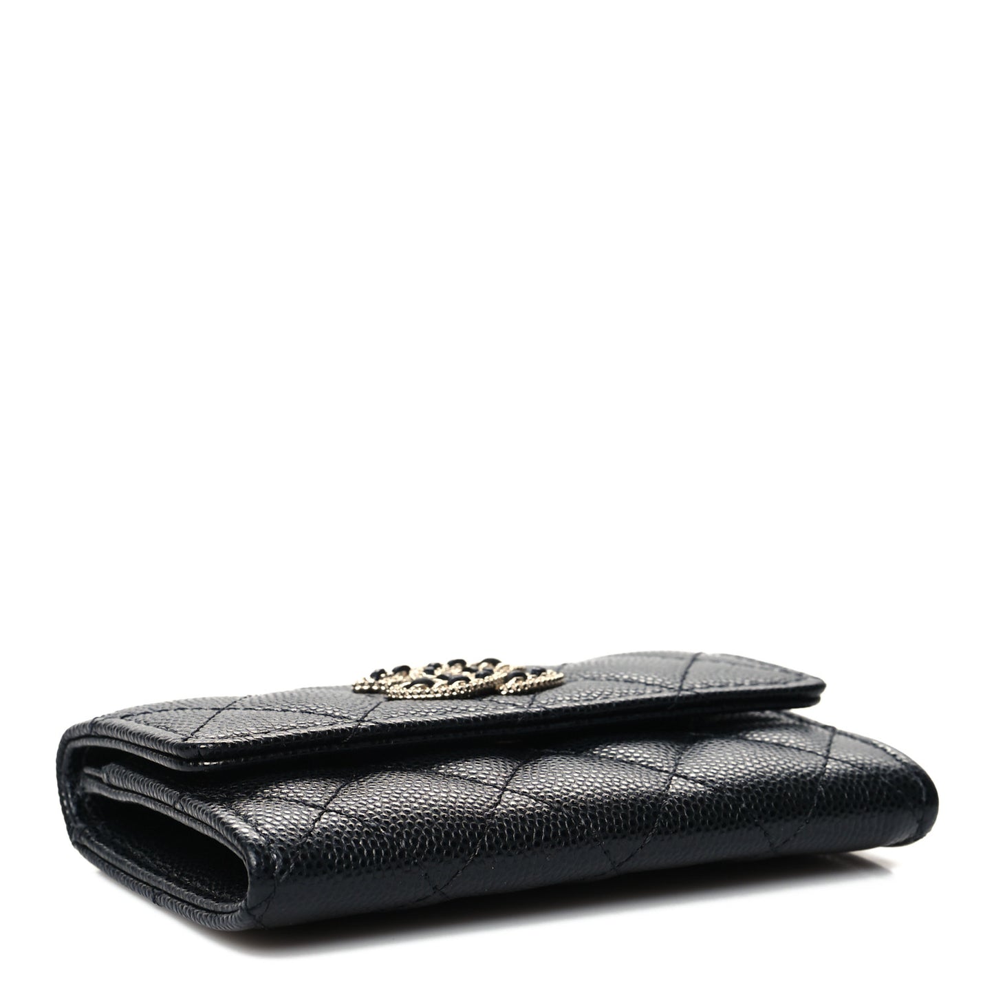 Caviar Quilted Crystal CC Flap Card Holder Black