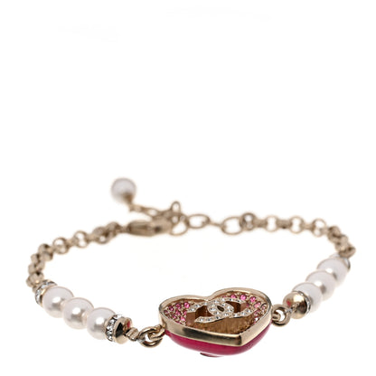Chanel Resin Crystal Pearl Chain Heart CC Bracelet Pink White Gold 1 of 7