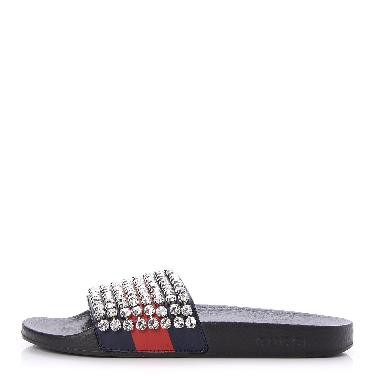 Calfskin Crystal Embellished Web Slide Sandals 41 Blue Red