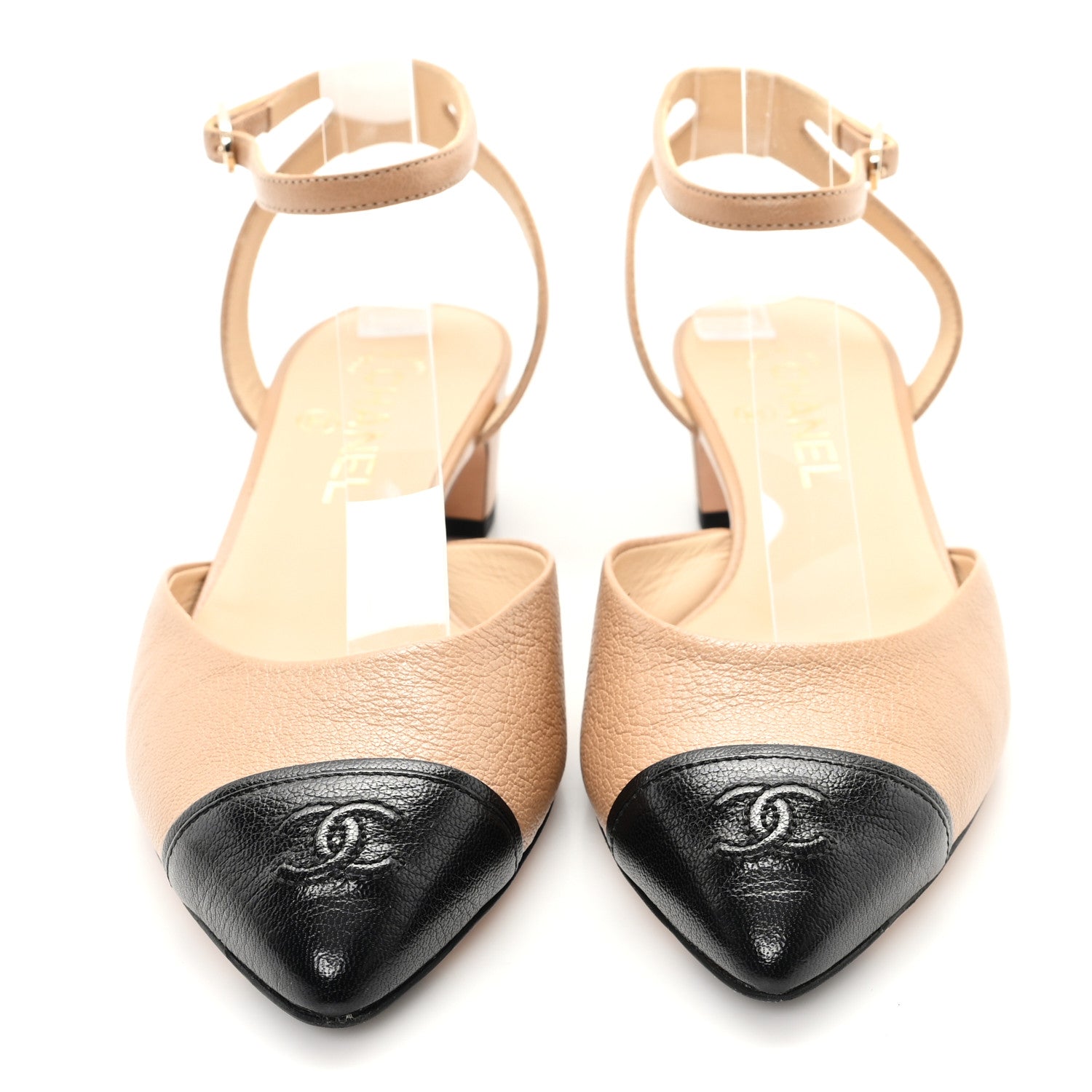 Chanel Goatskin Grosgrain Cap Toe CC Slingback Pumps 39 Beige Black 3 of 9
