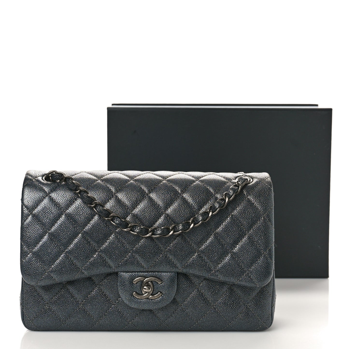 Metallic Caviar Quilted Jumbo Double Flap Dark Grey