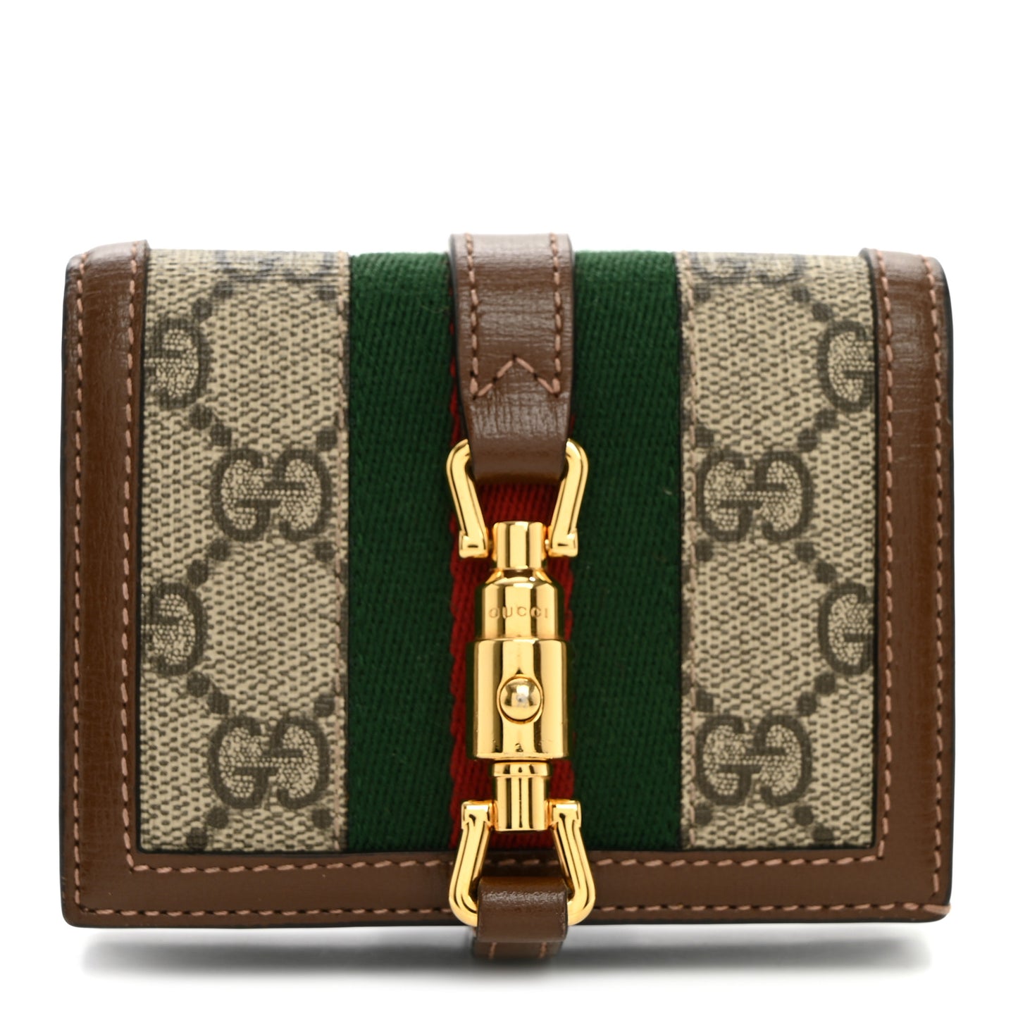 GG Supreme Monogram Textured Dollar Calfskin Web Jackie 1961 Card Case Beige Ebony Brown Sugar