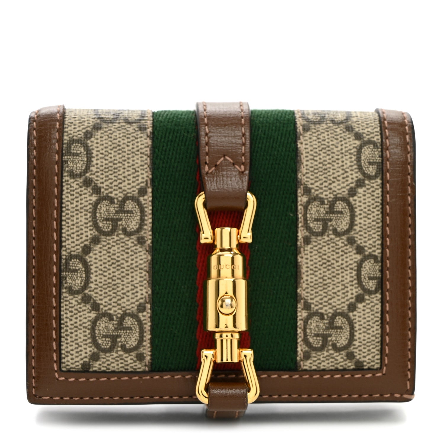 Gucci GG Supreme Monogram Textured Dollar Calfskin Web Jackie 1961 Card Case Beige Ebony Brown Sugar 1 of 7