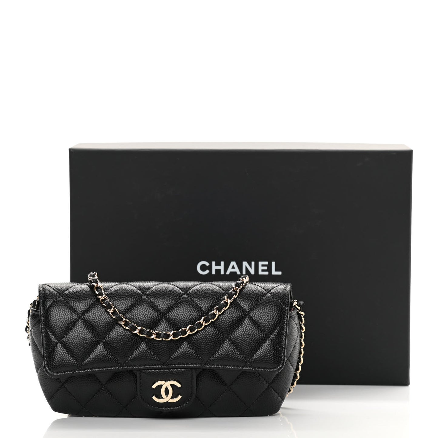 Caviar Quilted Glasses Case With Chain Black