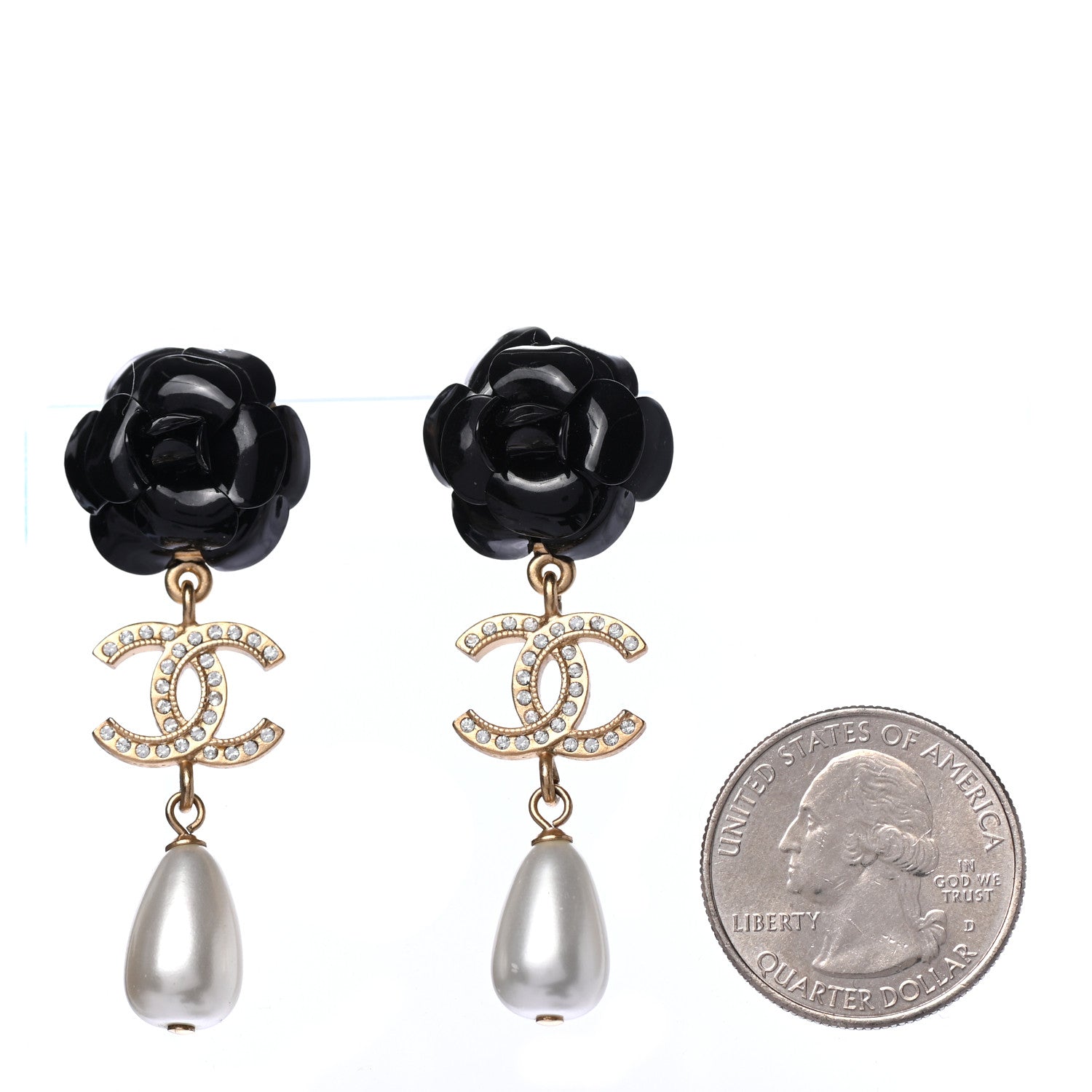 Chanel Enamel Crystal Pearl CC Camellia Drop Earrings Black Gold 2 of 4