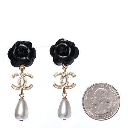 Chanel Enamel Crystal Pearl CC Camellia Drop Earrings Black Gold 2 of 4