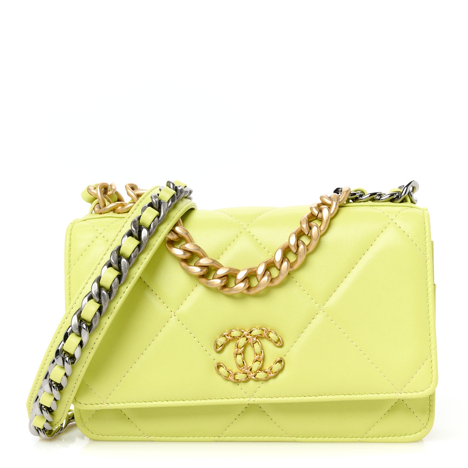 Chanel Shiny Lambskin Quilted Chanel 19 Wallet On Chain WOC Neon Yellow 1 of 11
