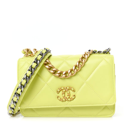 Chanel Shiny Lambskin Quilted Chanel 19 Wallet On Chain WOC Neon Yellow 1 of 11