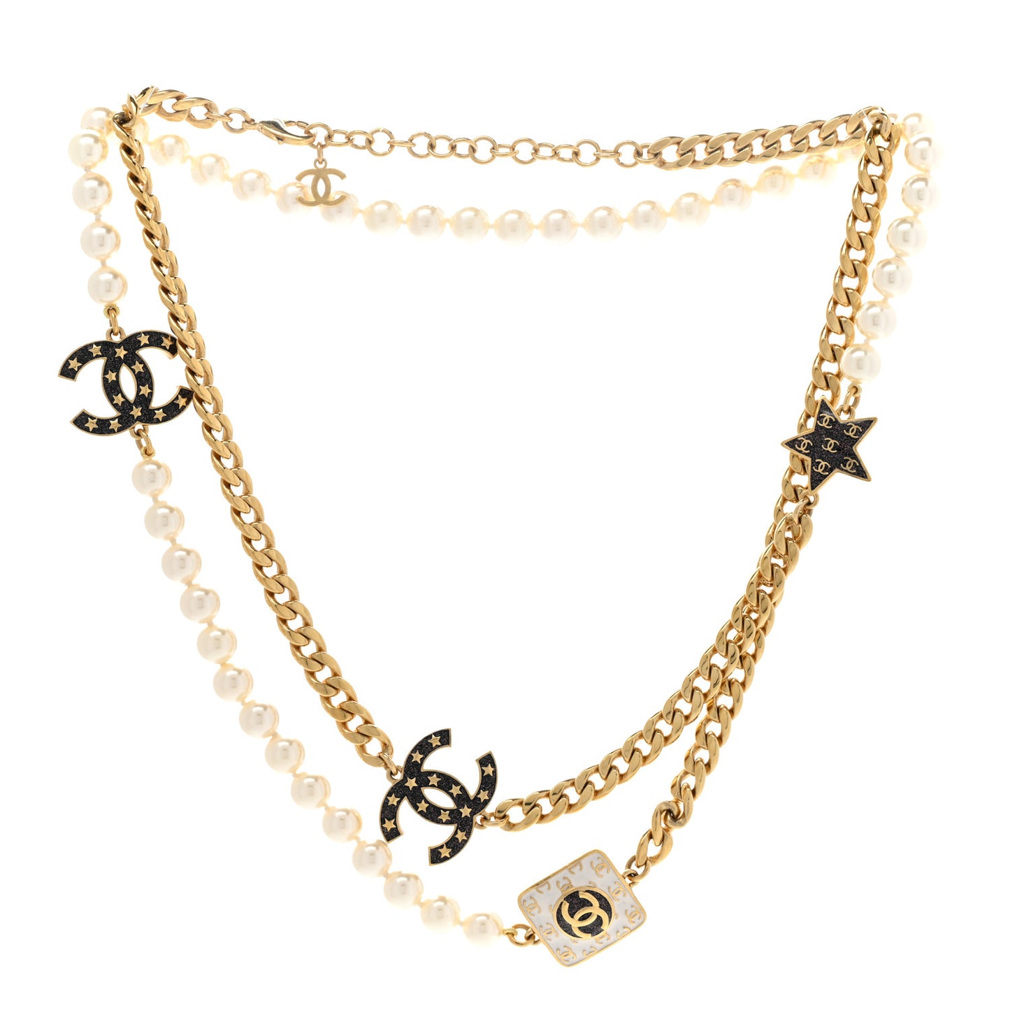 Metal Enamel Pearl Star CC Necklace Gold White