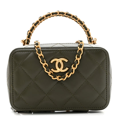 Chanel Lambskin Quilted Mini Chain Top Handle Vanity Case Dark Khaki 1 of 13