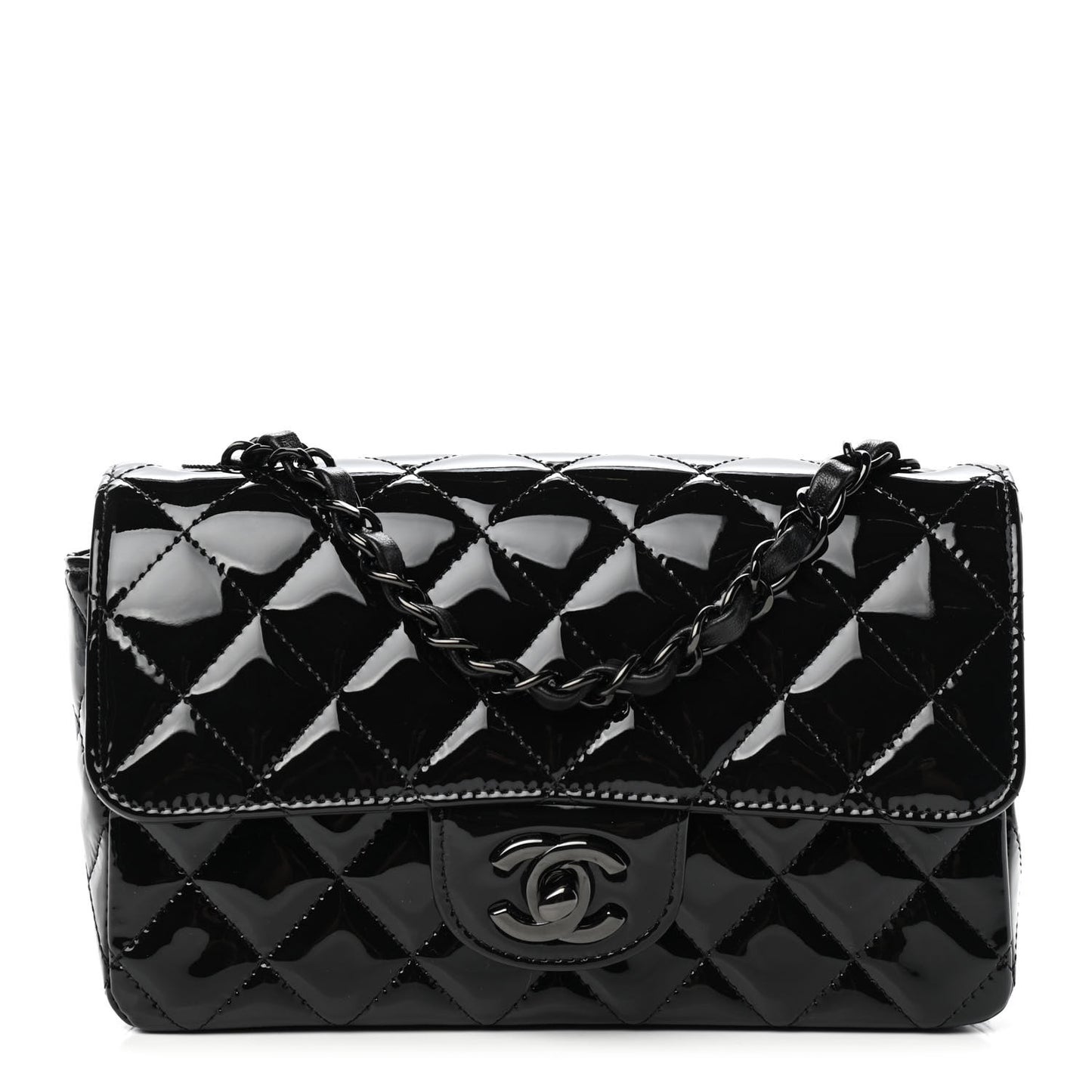 Patent Calfskin Quilted Mini Rectangular Flap So Black