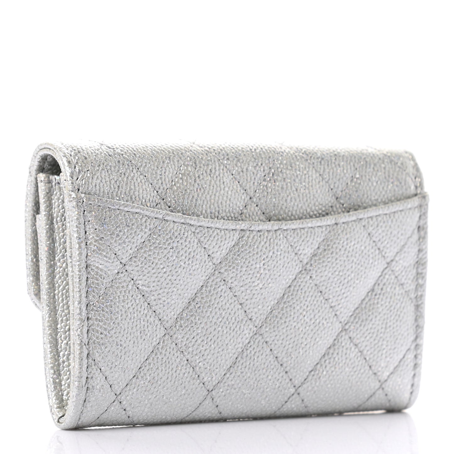 Glittered Metallic Caviar Quilted Flap Card Holder Wallet Silver